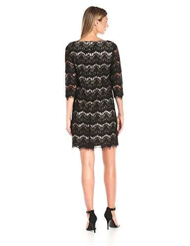 3/4 Sleeve Lace Shift, Black/Tan, 8