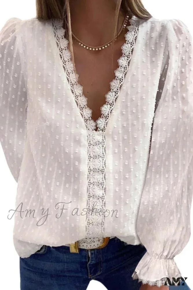 Amy Fashion - Fashion Lace Patchwork V Neck Blouses