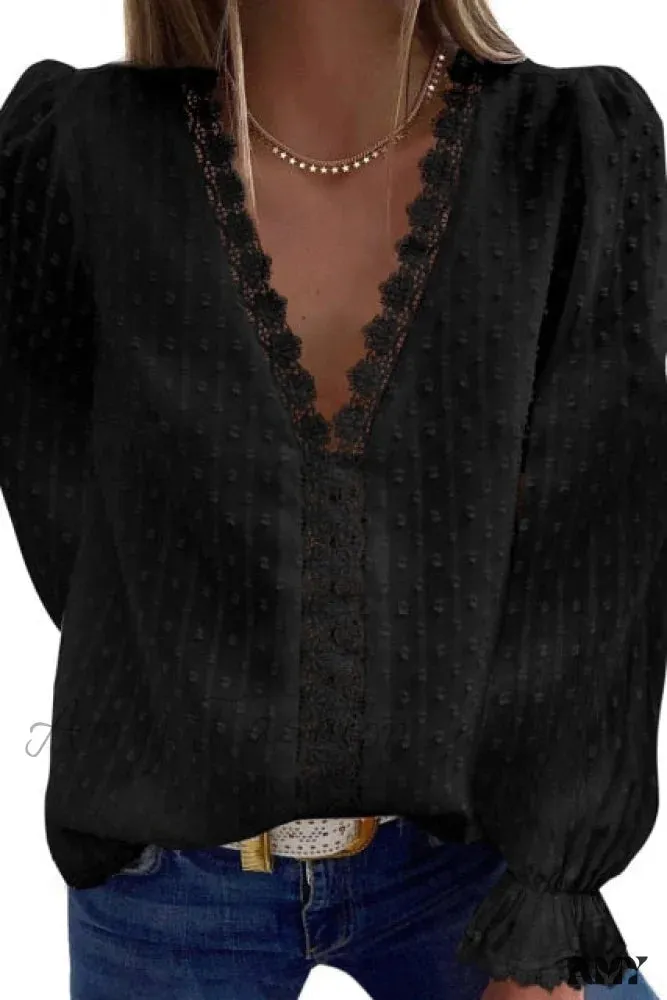 Amy Fashion - Fashion Lace Patchwork V Neck Blouses