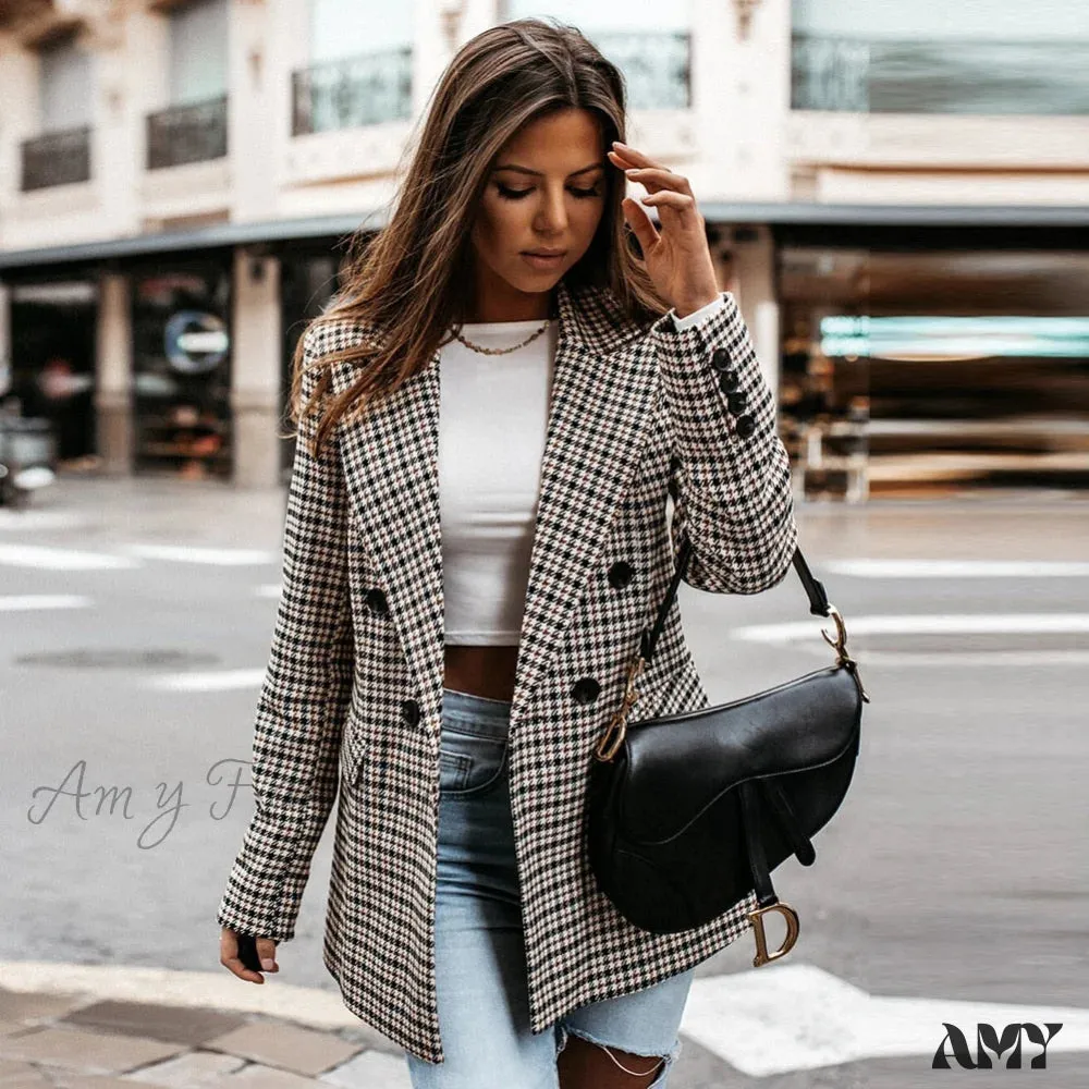 Amy Fashion - Ladies Notched Collar Plaid Blazer