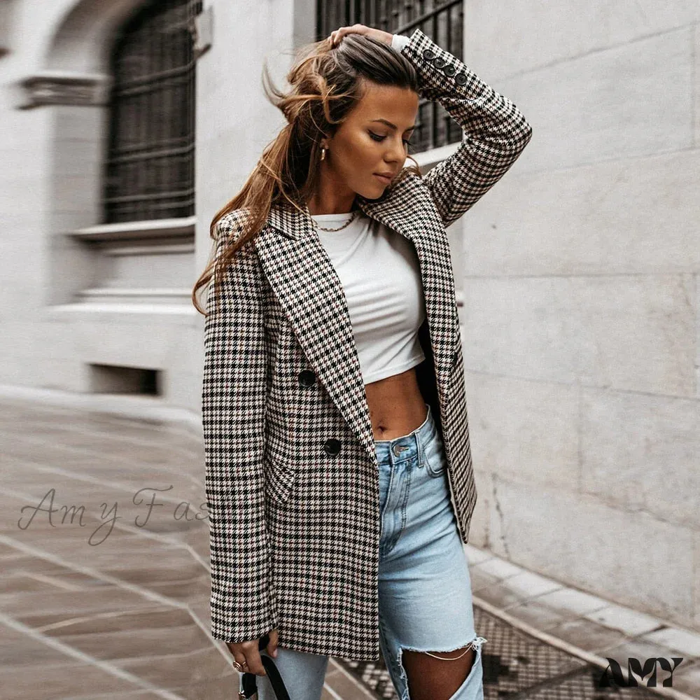 Amy Fashion - Ladies Notched Collar Plaid Blazer