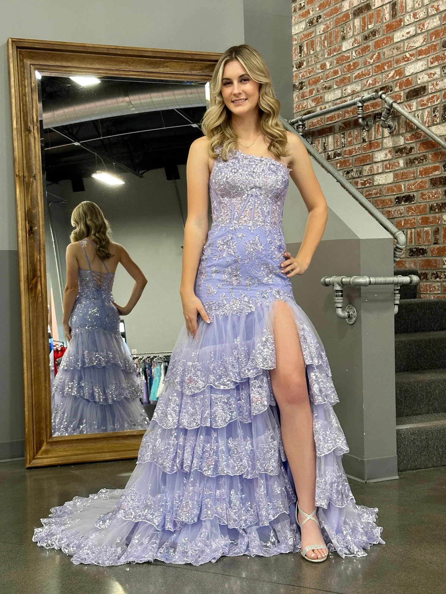 Andrea |Sheath One Shoulder Tiered Lace Long Prom Dress