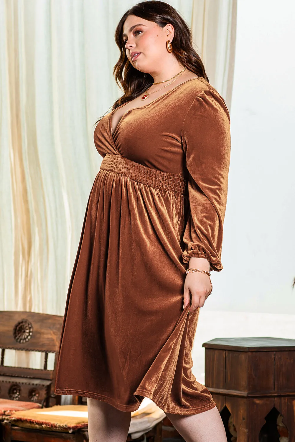 Balloon Sleeve Velvet Plus Size Dress