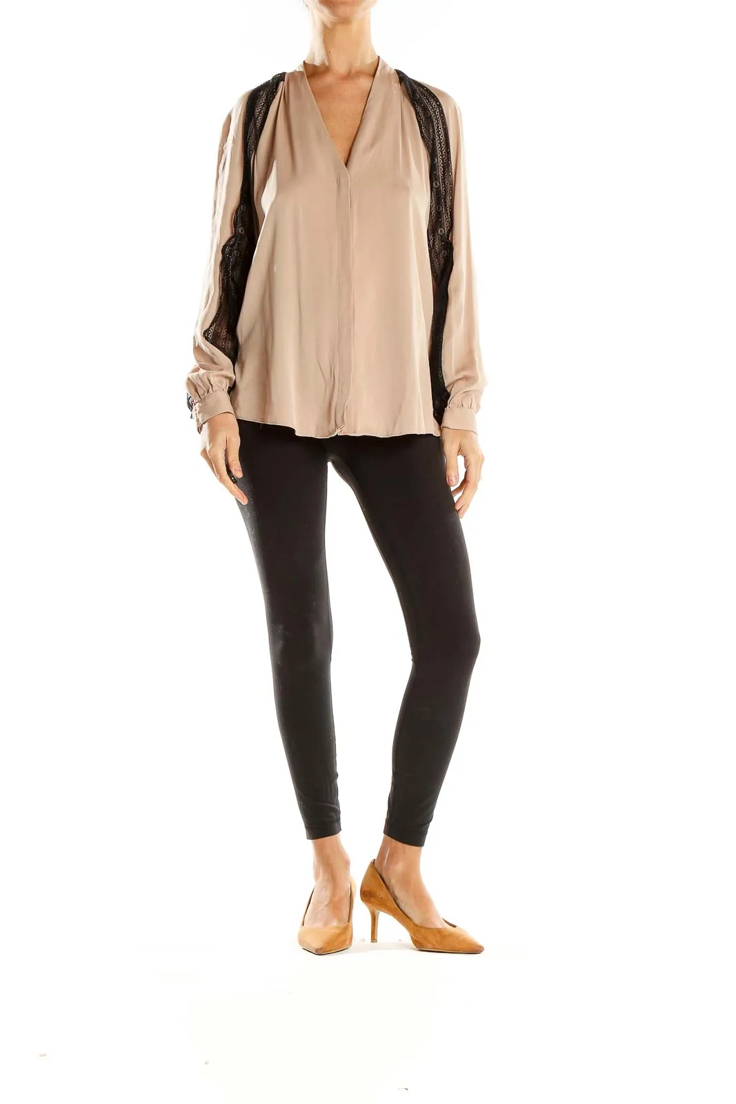 Beige Lace-Trimmed V-Neck Blouse