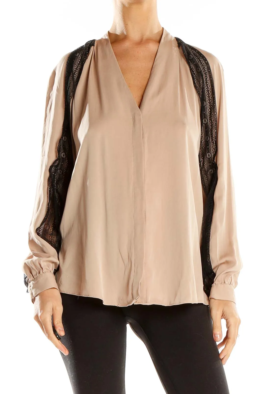 Beige Lace-Trimmed V-Neck Blouse