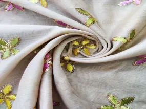 Beige Multicolour Thread and Sequins Flowers Embroidered Chanderi Fabric