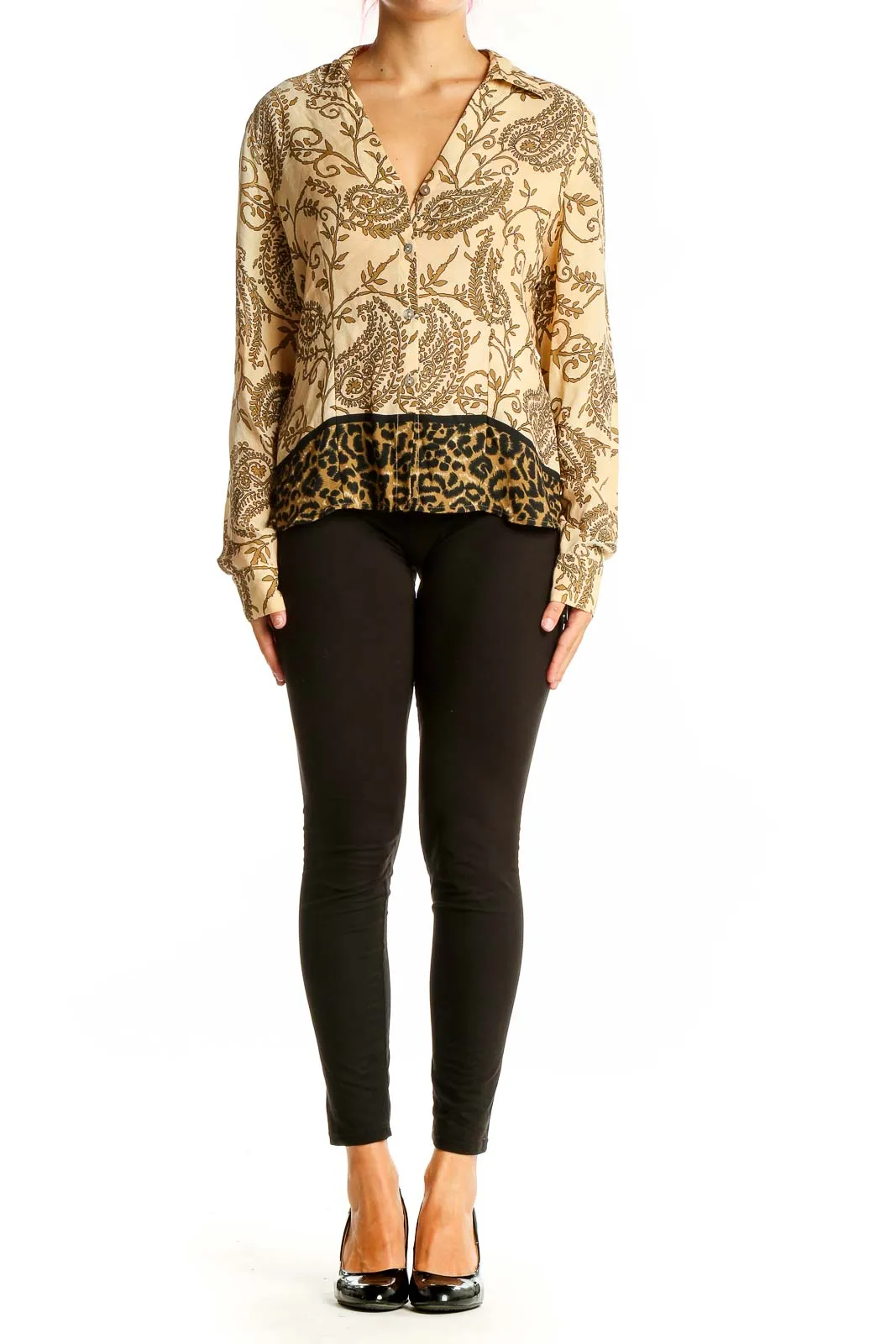 Beige Paisley Print Silk Blouse