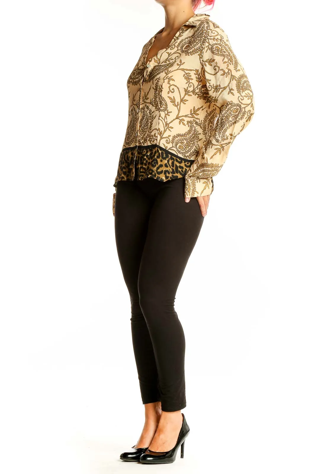 Beige Paisley Print Silk Blouse