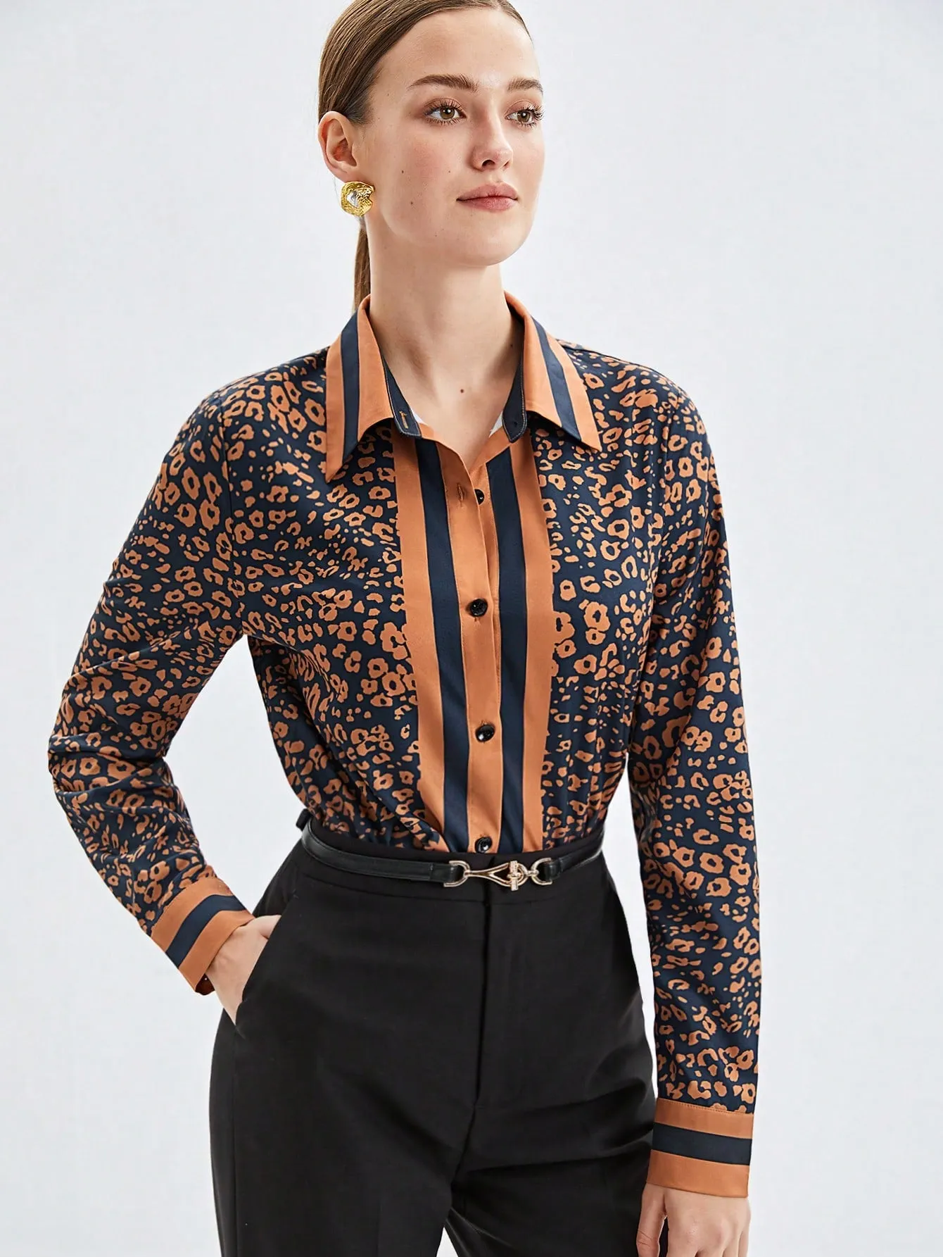 BIZwear Women's Leopard Print Button-down Shirt