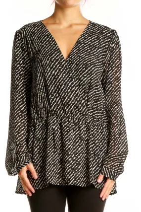 Black and White Patterned V-Neck Blouse