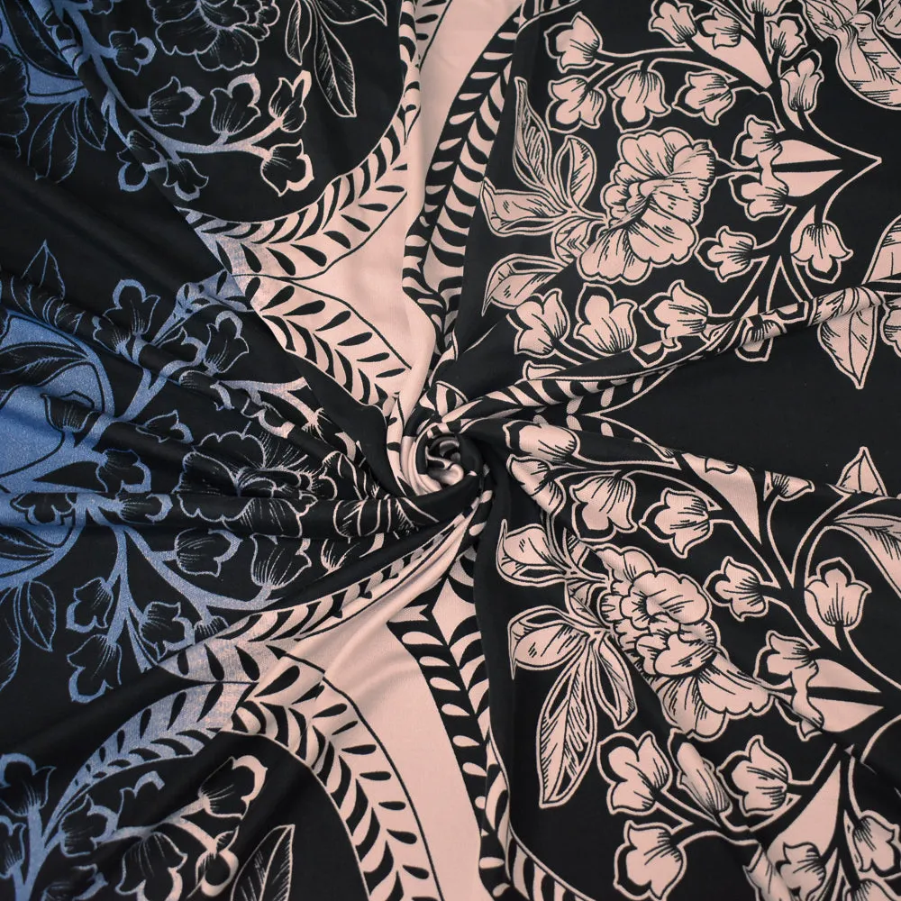 Black-Blue-Multi Floral Ogee Printed Stretch Silk Jersey Knit  Fabric