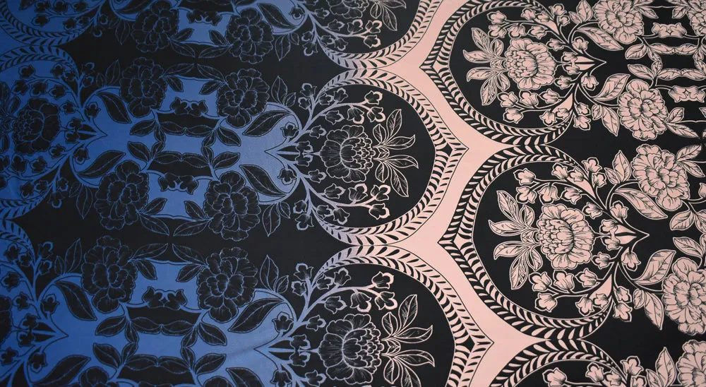 Black-Blue-Multi Floral Ogee Printed Stretch Silk Jersey Knit  Fabric