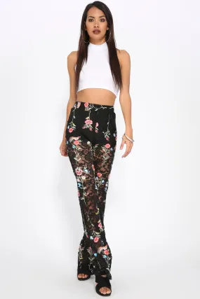 Black Floral Embroidered Lace Flares