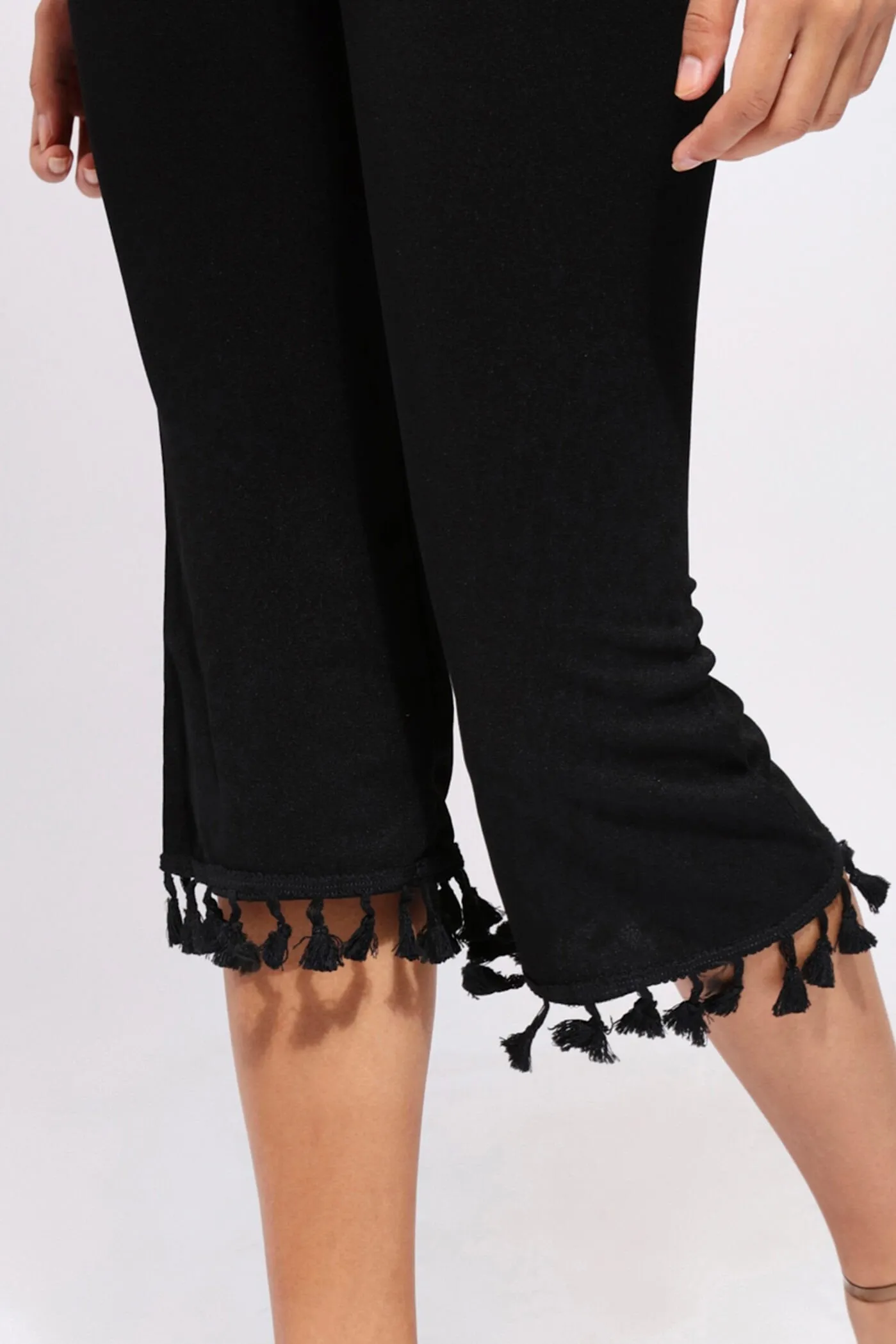 Black Tassel Hem Cropped Trousers