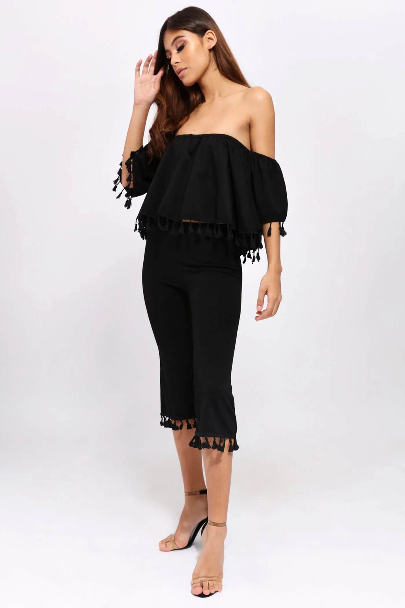 Black Tassel Hem Cropped Trousers