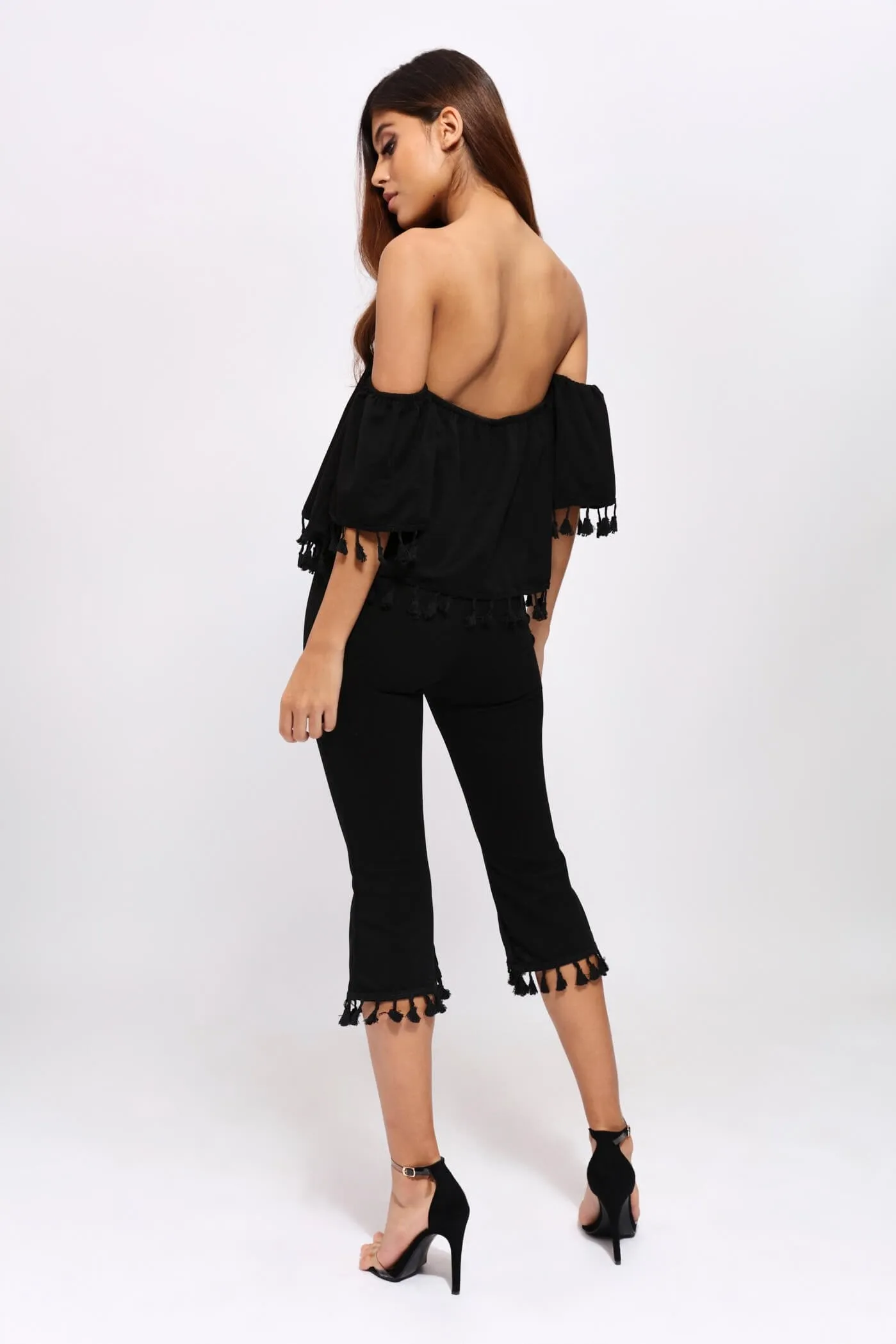 Black Tassel Hem Cropped Trousers