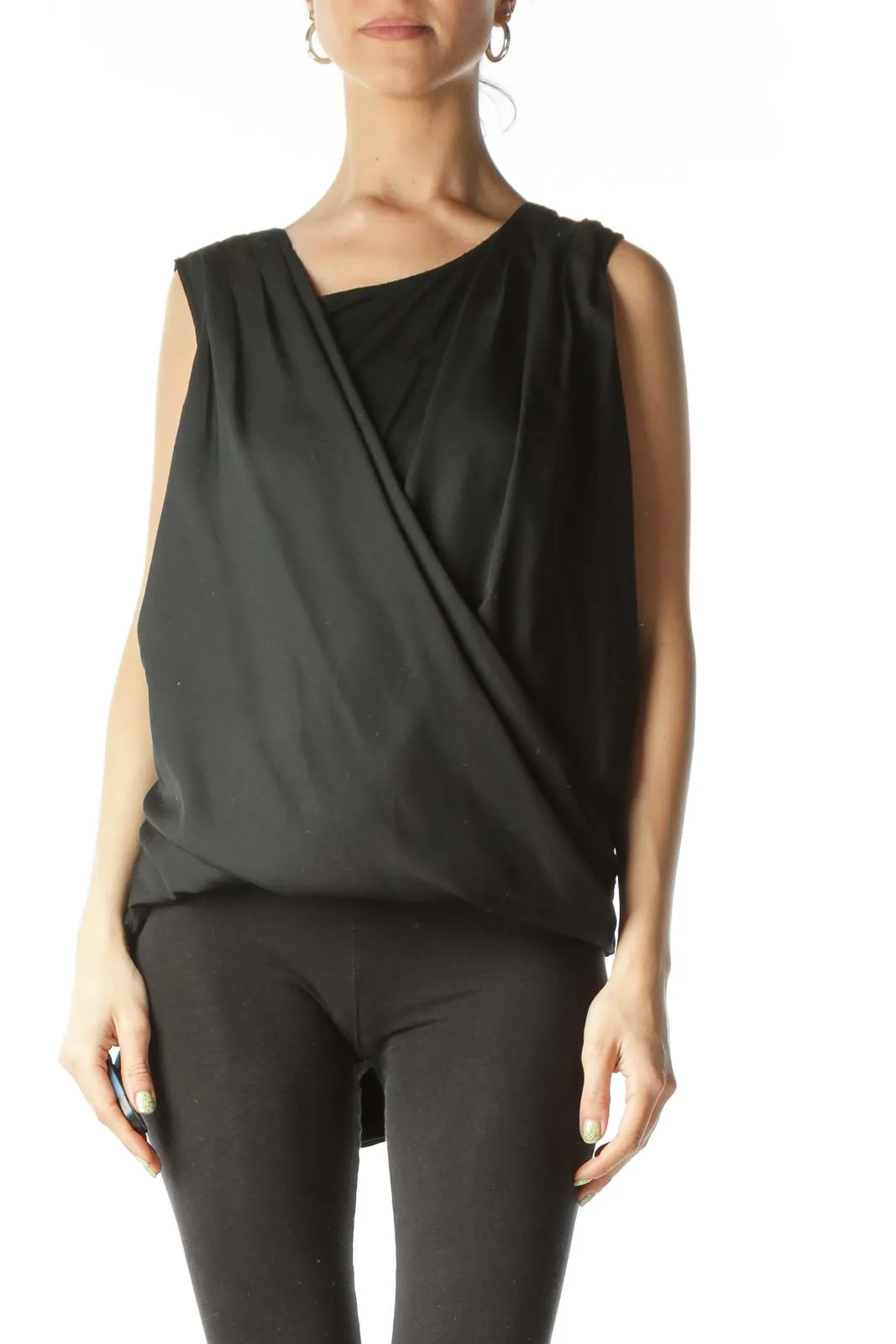 Black V-Neck Draped Sleeveless Blouse