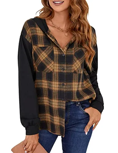 Blooming Jelly Womens Hooded Shacket Button Down Plaid Flannel Shirt Jacket Long Sleeve Color Block Fall Tops（S,Brown 3）