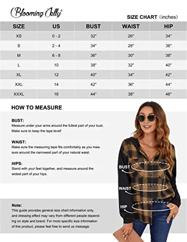 Blooming Jelly Womens Hooded Shacket Button Down Plaid Flannel Shirt Jacket Long Sleeve Color Block Fall Tops（S,Brown 3）