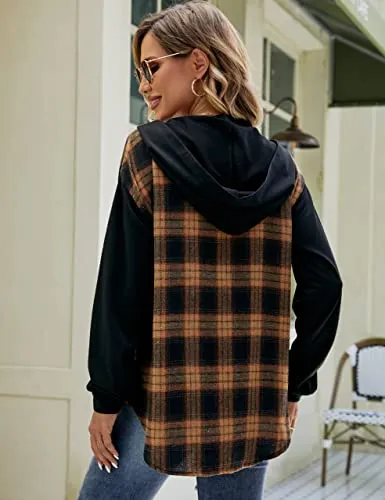 Blooming Jelly Womens Hooded Shacket Button Down Plaid Flannel Shirt Jacket Long Sleeve Color Block Fall Tops（S,Brown 3）