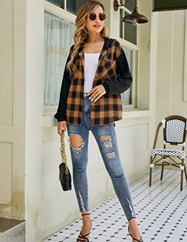 Blooming Jelly Womens Hooded Shacket Button Down Plaid Flannel Shirt Jacket Long Sleeve Color Block Fall Tops（S,Brown 3）