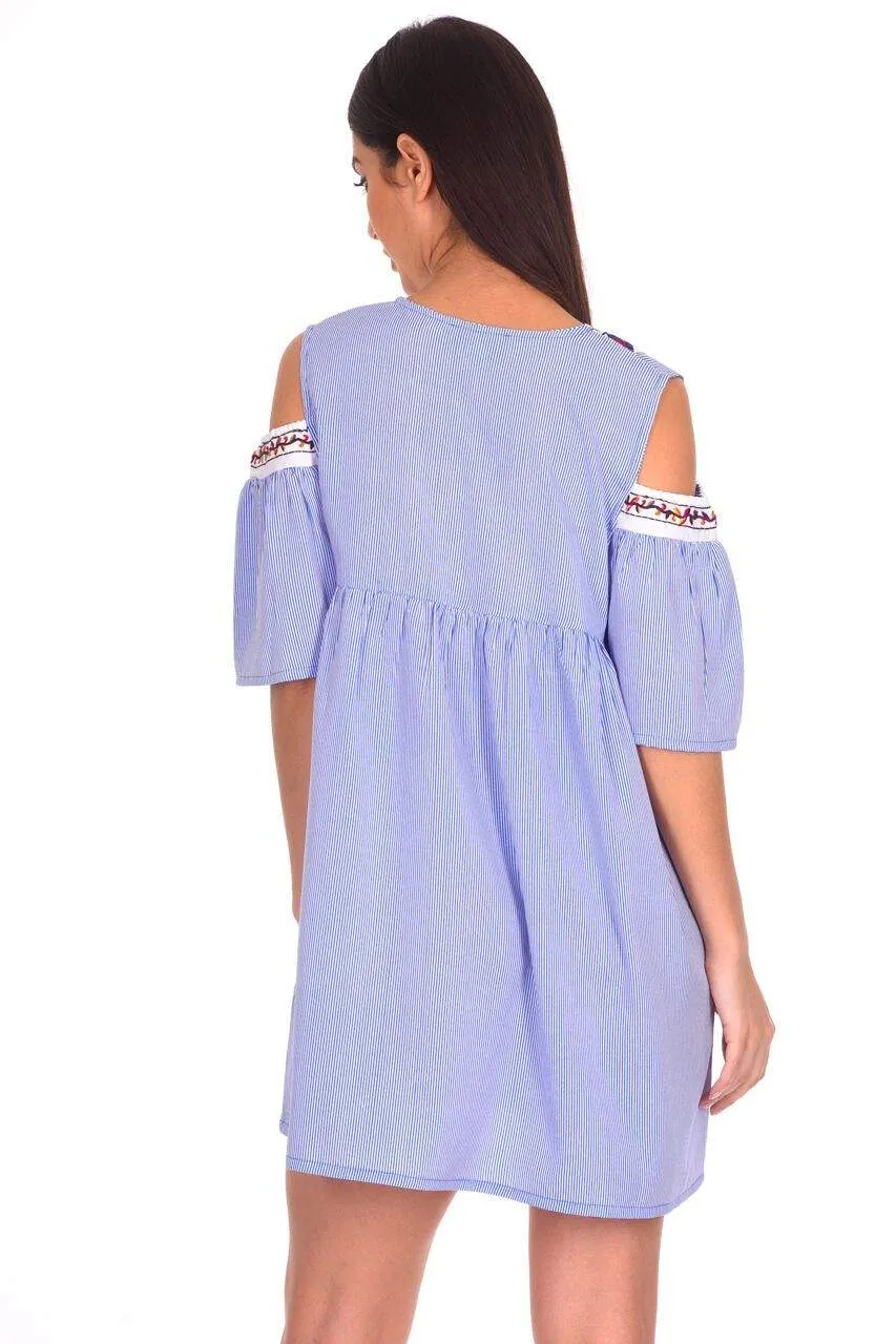 Blue Aztec Striped Cold Shoulder Dress