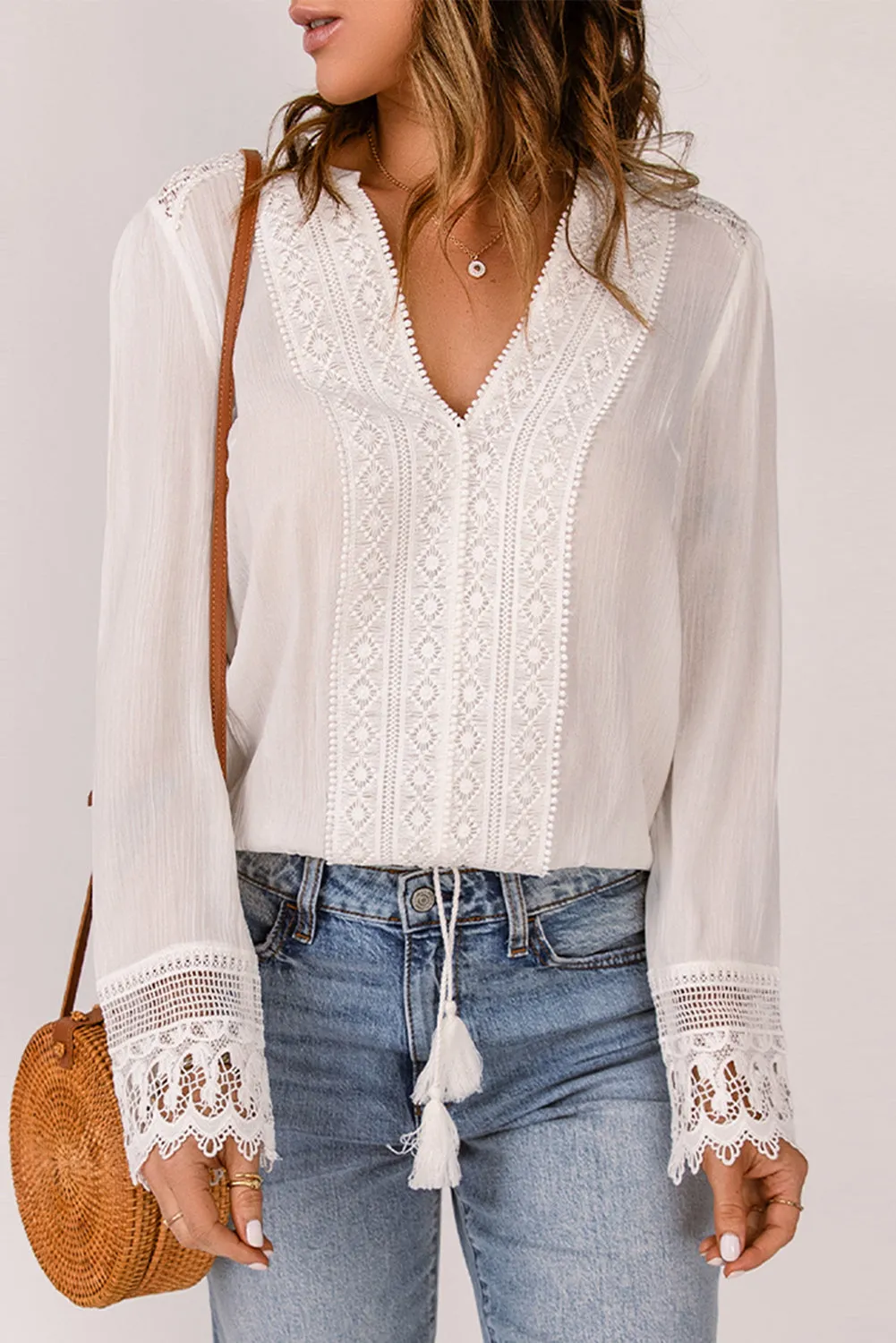 Bohemian Crochet Detail V Neck Blouse