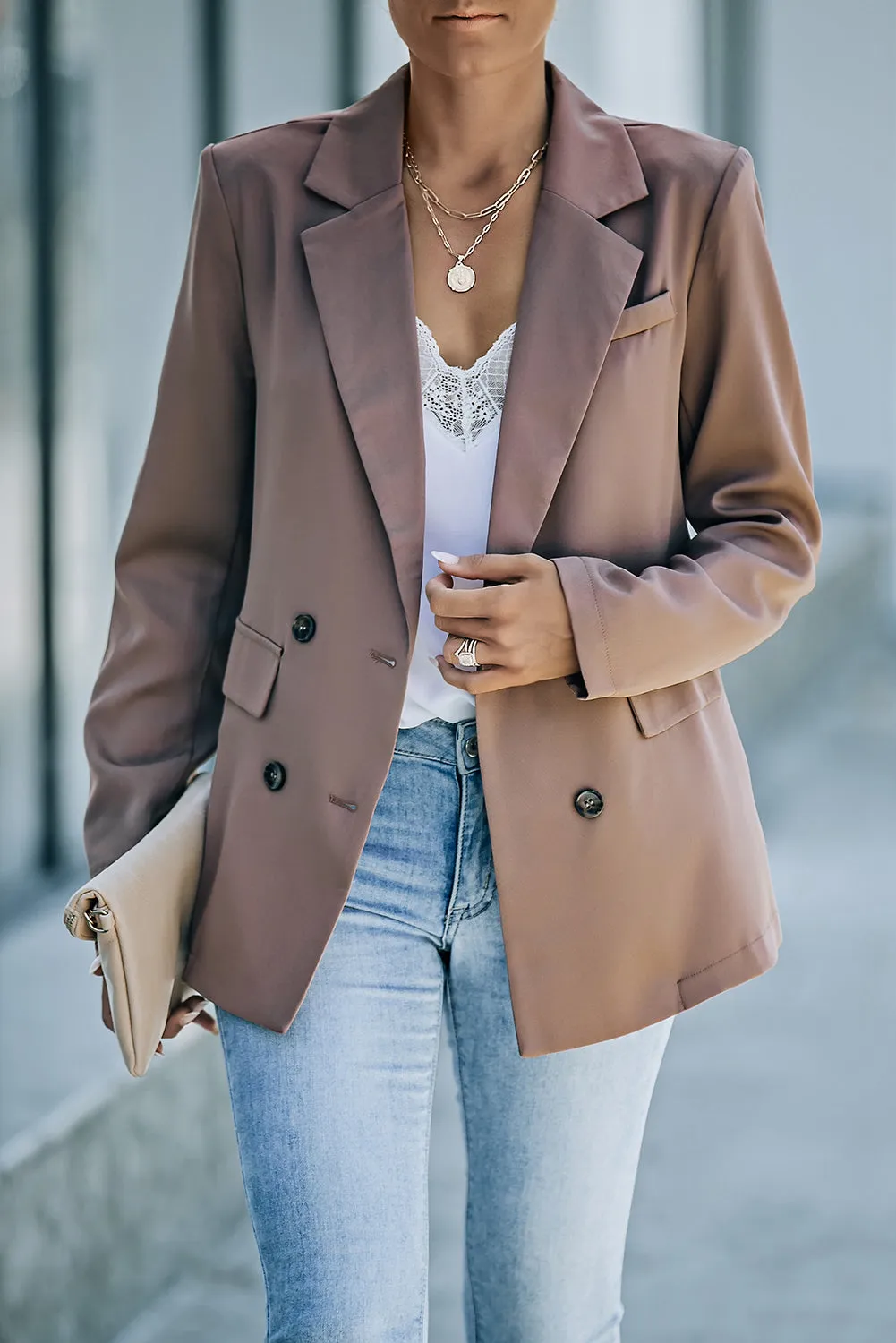 Brown Lapel Neckline Double Breasted Pocketed Blazer