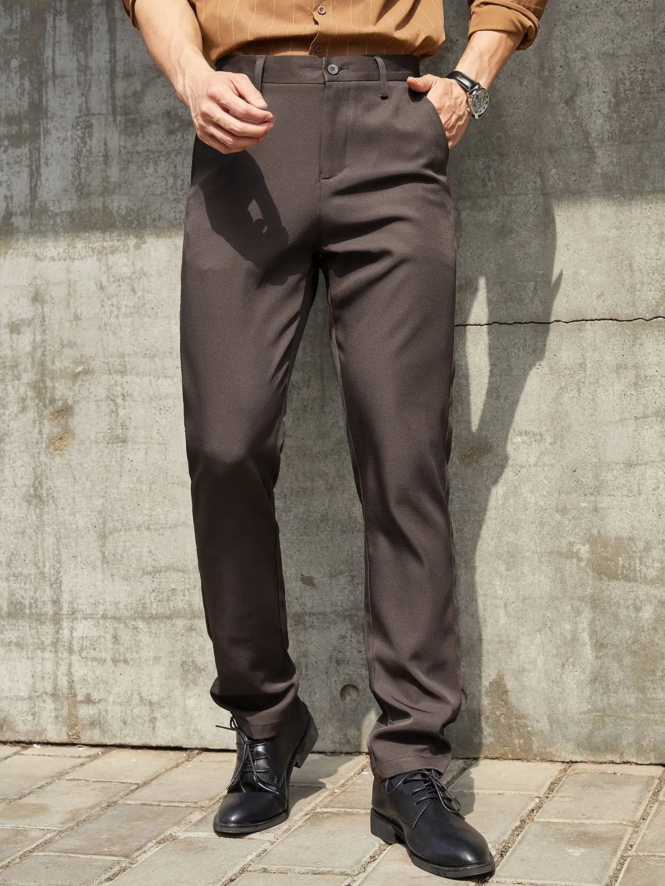 Brown Solid Slant Pockets Tailored Trousers