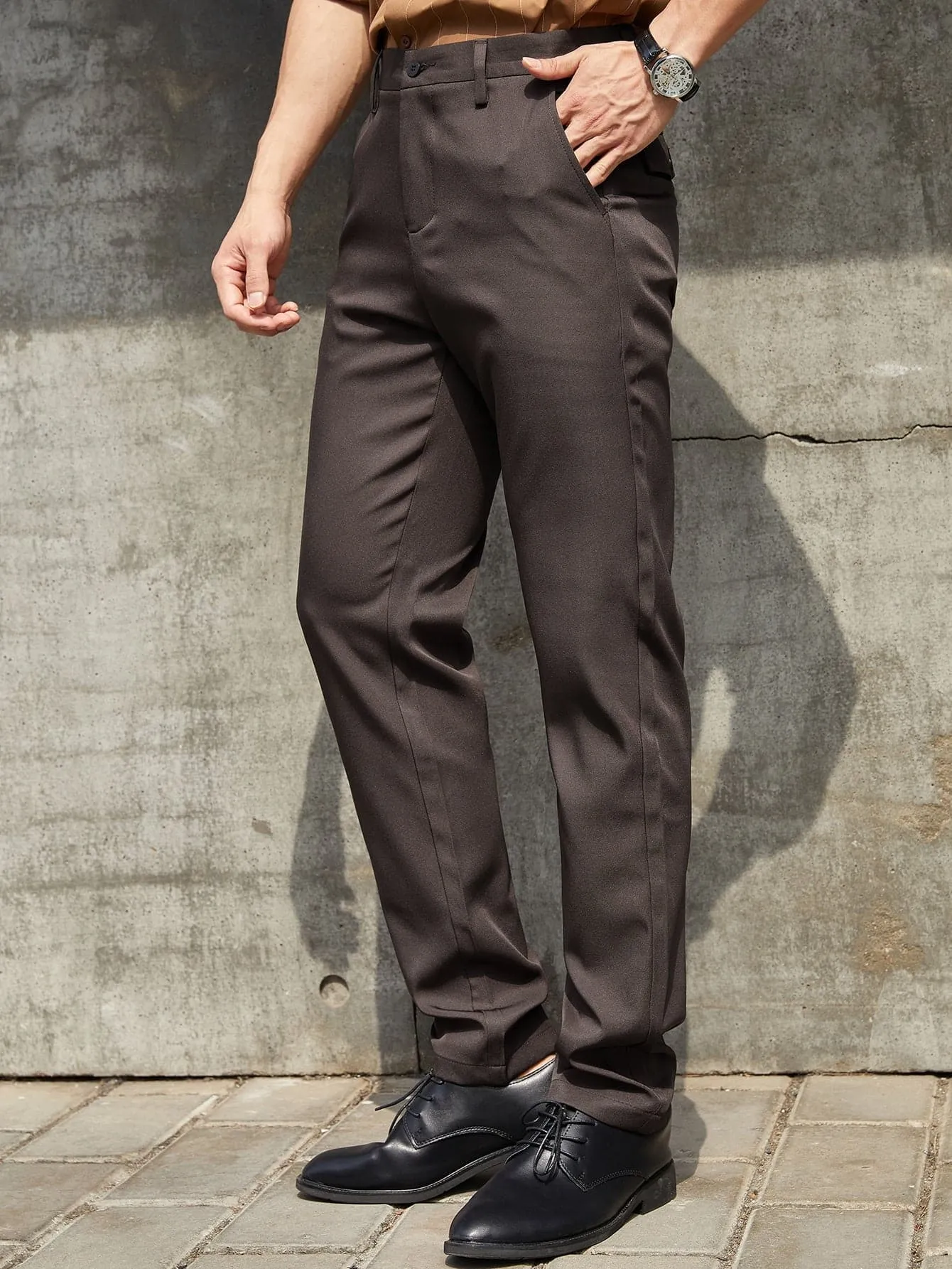 Brown Solid Slant Pockets Tailored Trousers