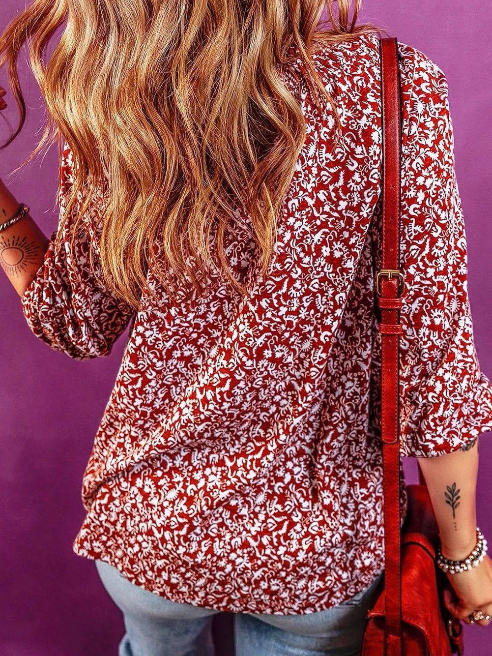 Burgundy Flower Print Neck Tie Blouse