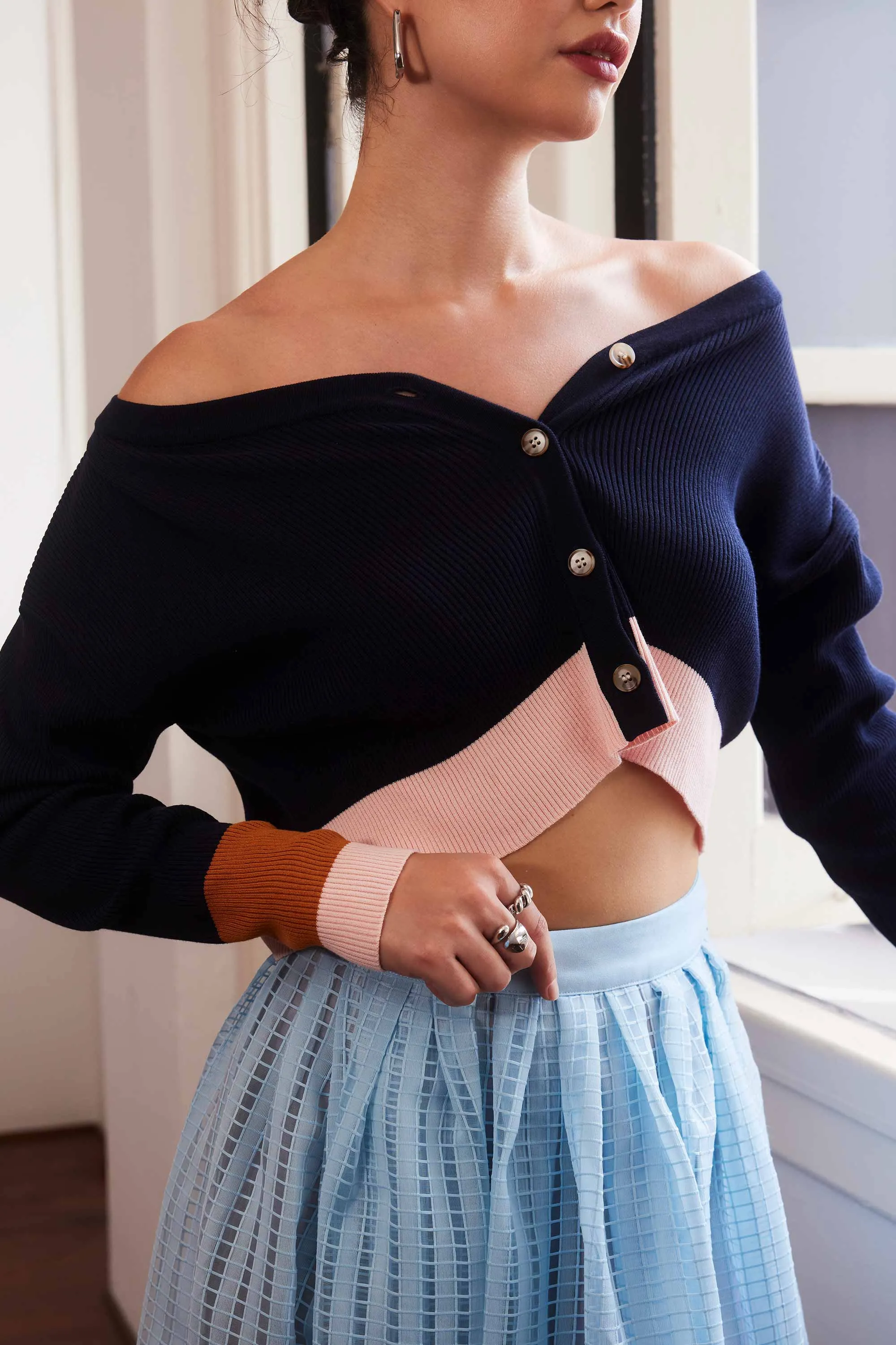 Button Down Cropped Knit (Navy)