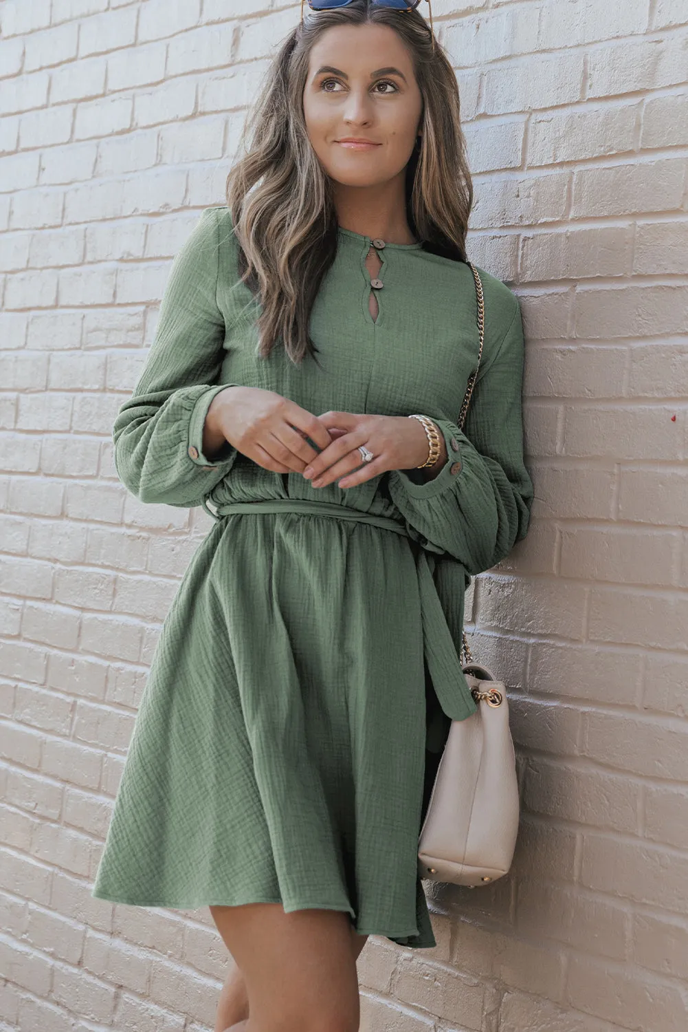 Button Neck Belted Pleated Mini Dress