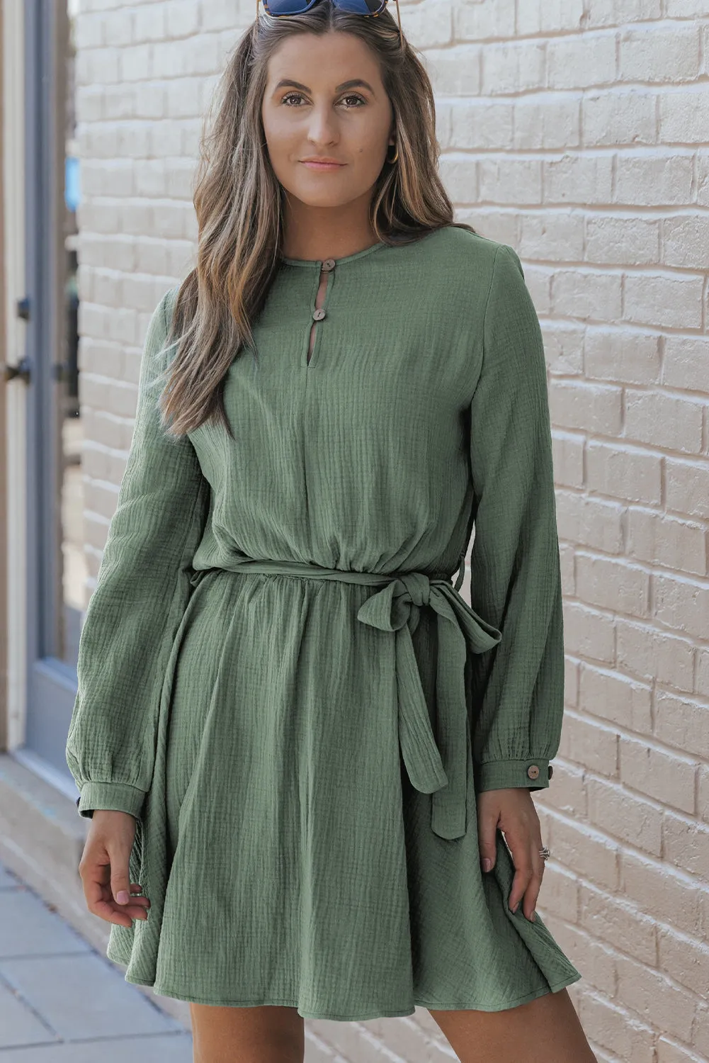 Button Neck Belted Pleated Mini Dress