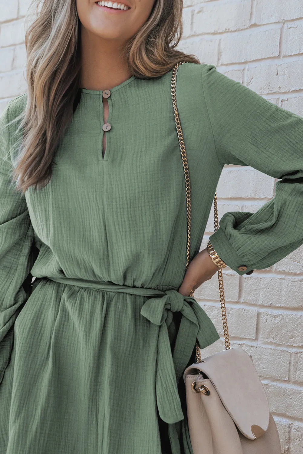 Button Neck Belted Pleated Mini Dress