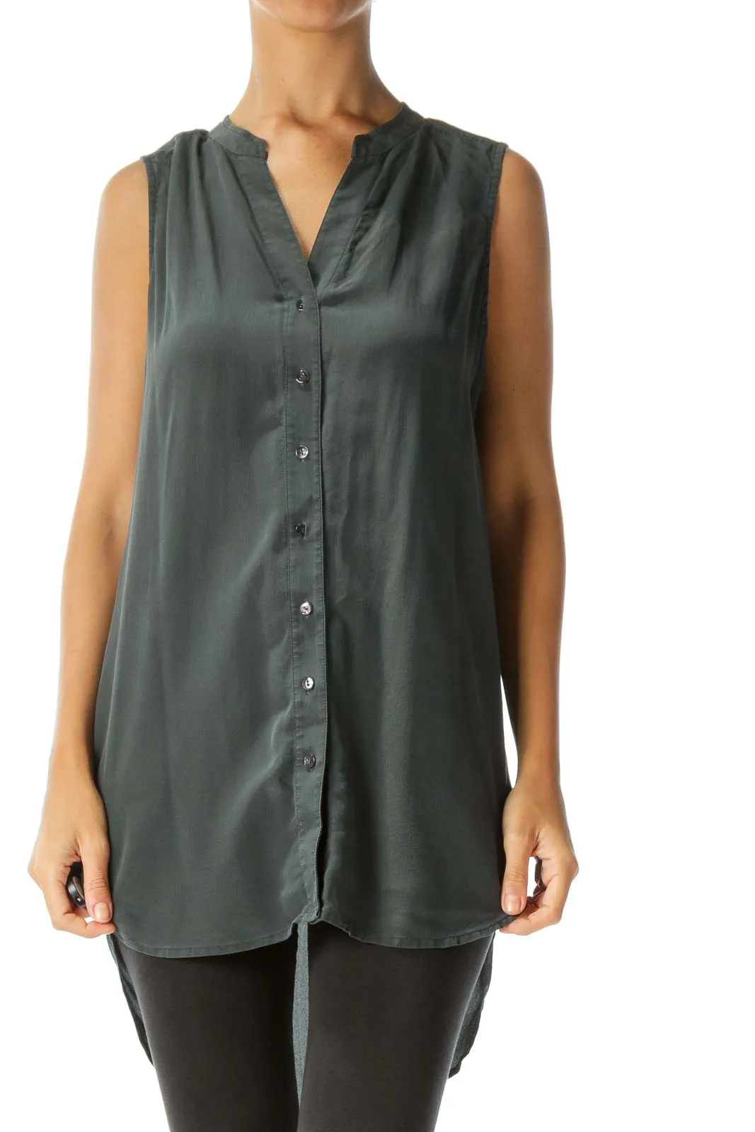 Charcoal Silk Sleeveless Button-Down Blouse