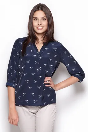 Chic Printed Button-Up Blouse with Elegant Stand-Up Collar - Design 44286