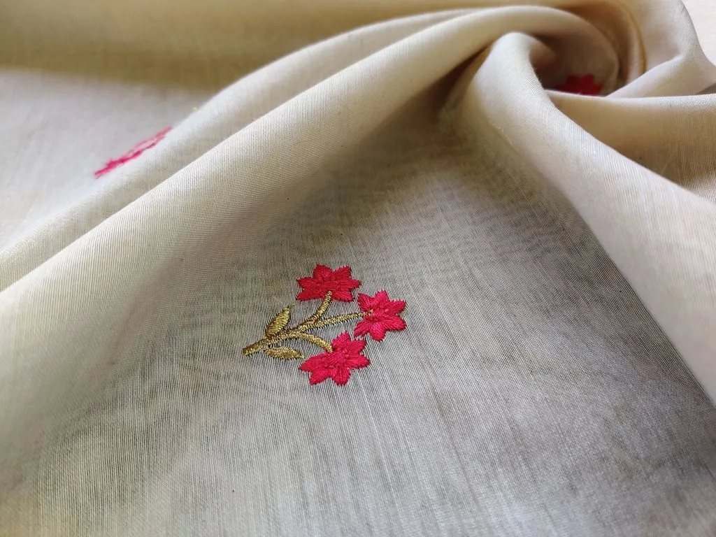 Cream & Pink Floral Embroidered Chanderi Fabric (Wholesale)