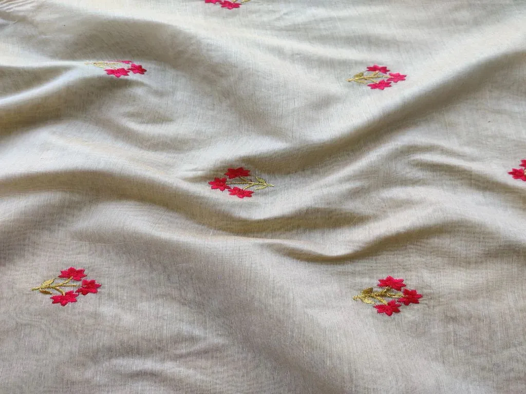 Cream & Pink Floral Embroidered Chanderi Fabric (Wholesale)