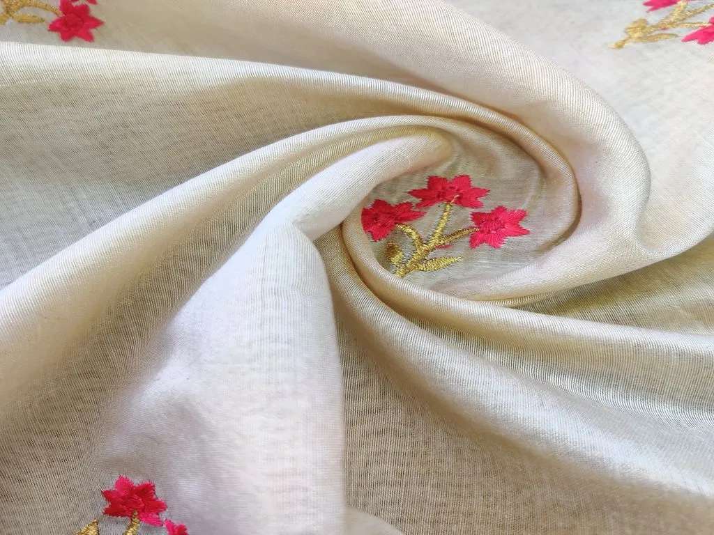 Cream & Pink Floral Embroidered Chanderi Fabric (Wholesale)