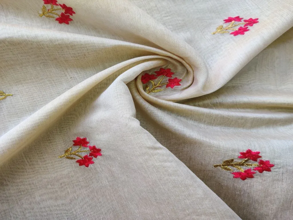 Cream & Pink Floral Embroidered Chanderi Fabric (Wholesale)