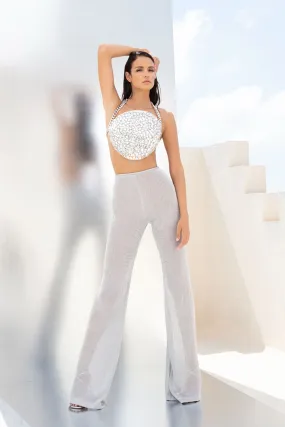 Crystal-Embroidered Crop Top with Trousers