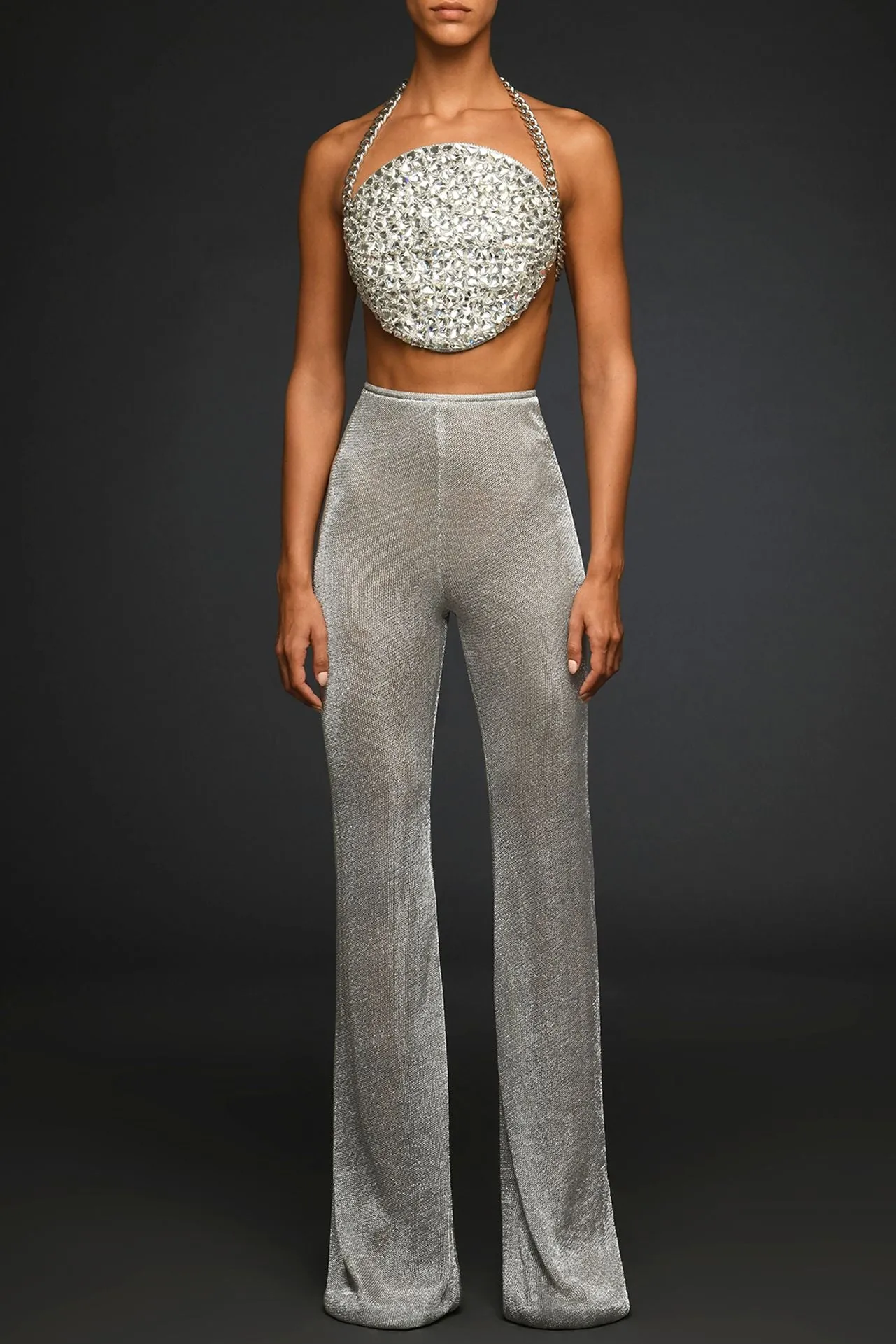 Crystal-Embroidered Crop Top with Trousers