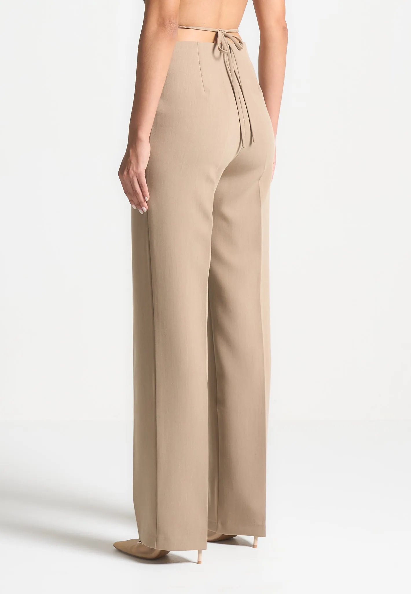 Curved Waist Tailored Trousers - Dark Beige