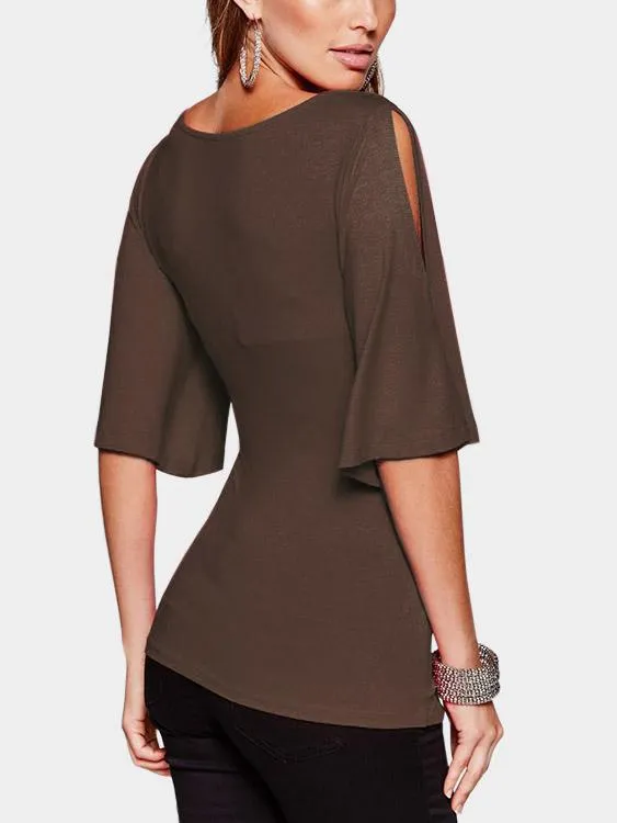 Custom Deep V Neck Crossed Front Cut Out Pleated Half Sleeve Blouses