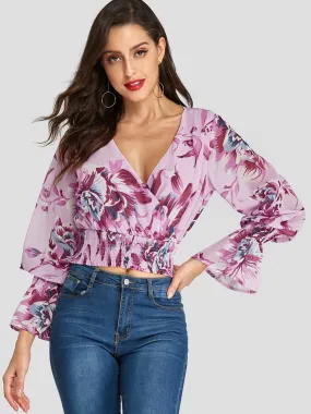 Custom Deep V Neck Floral Print Crossed Front Long Sleeve Pink Blouses