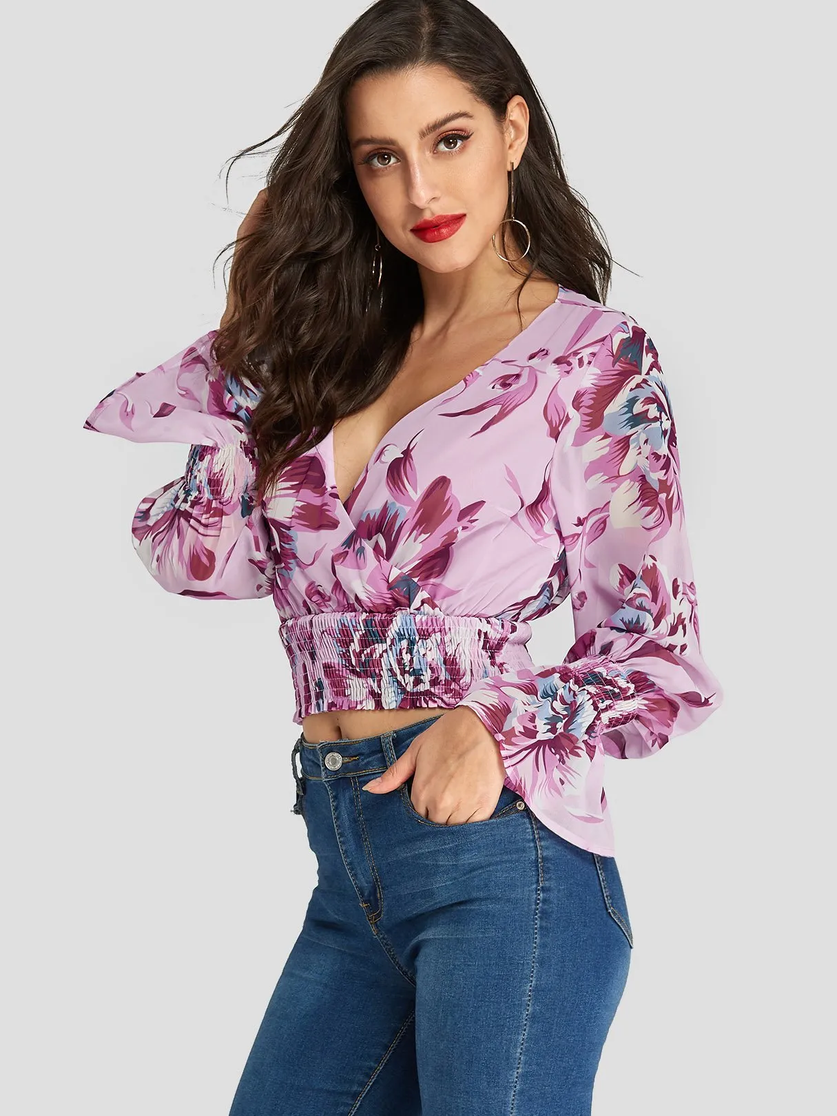 Custom Deep V Neck Floral Print Crossed Front Long Sleeve Pink Blouses