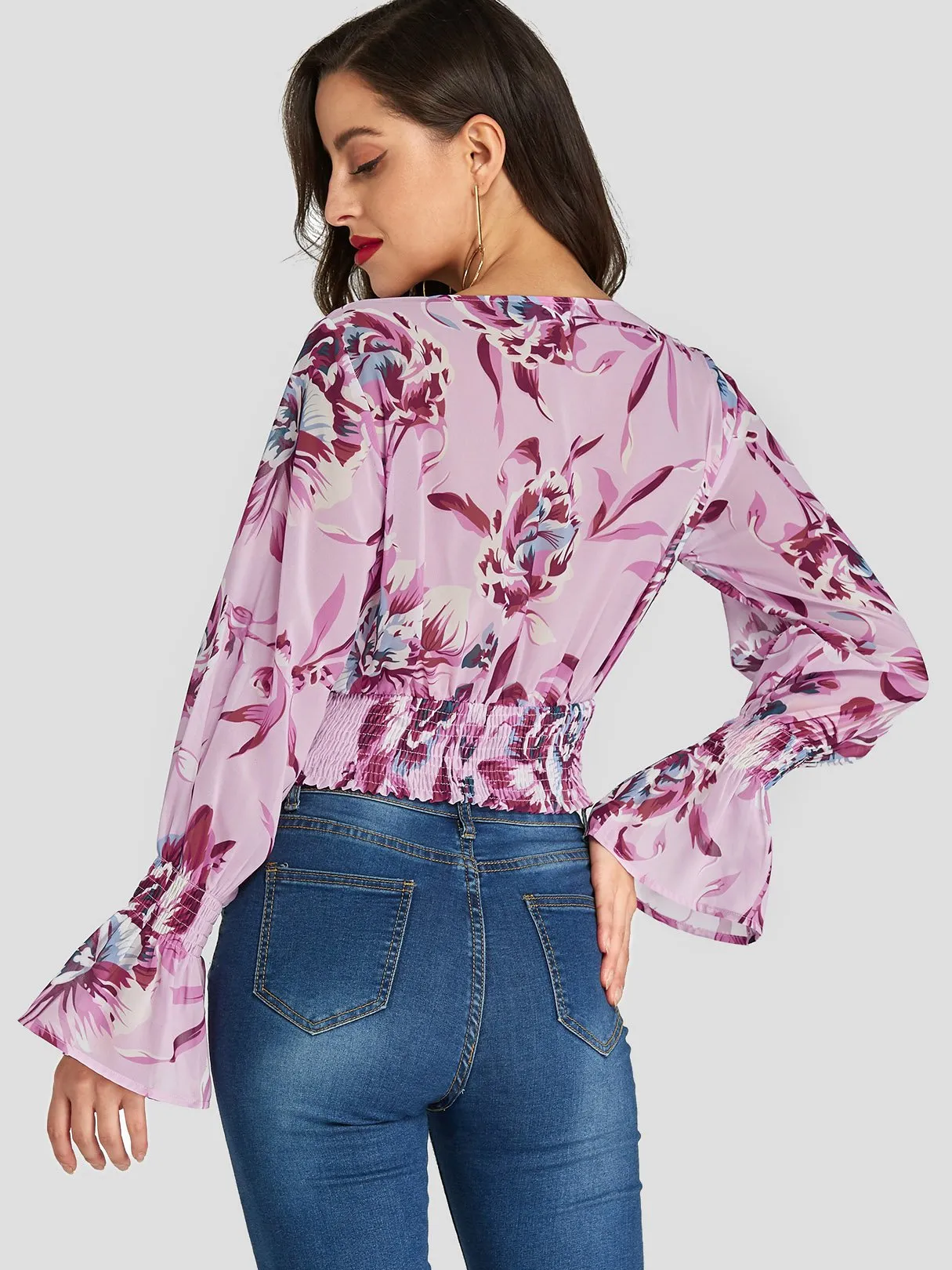 Custom Deep V Neck Floral Print Crossed Front Long Sleeve Pink Blouses