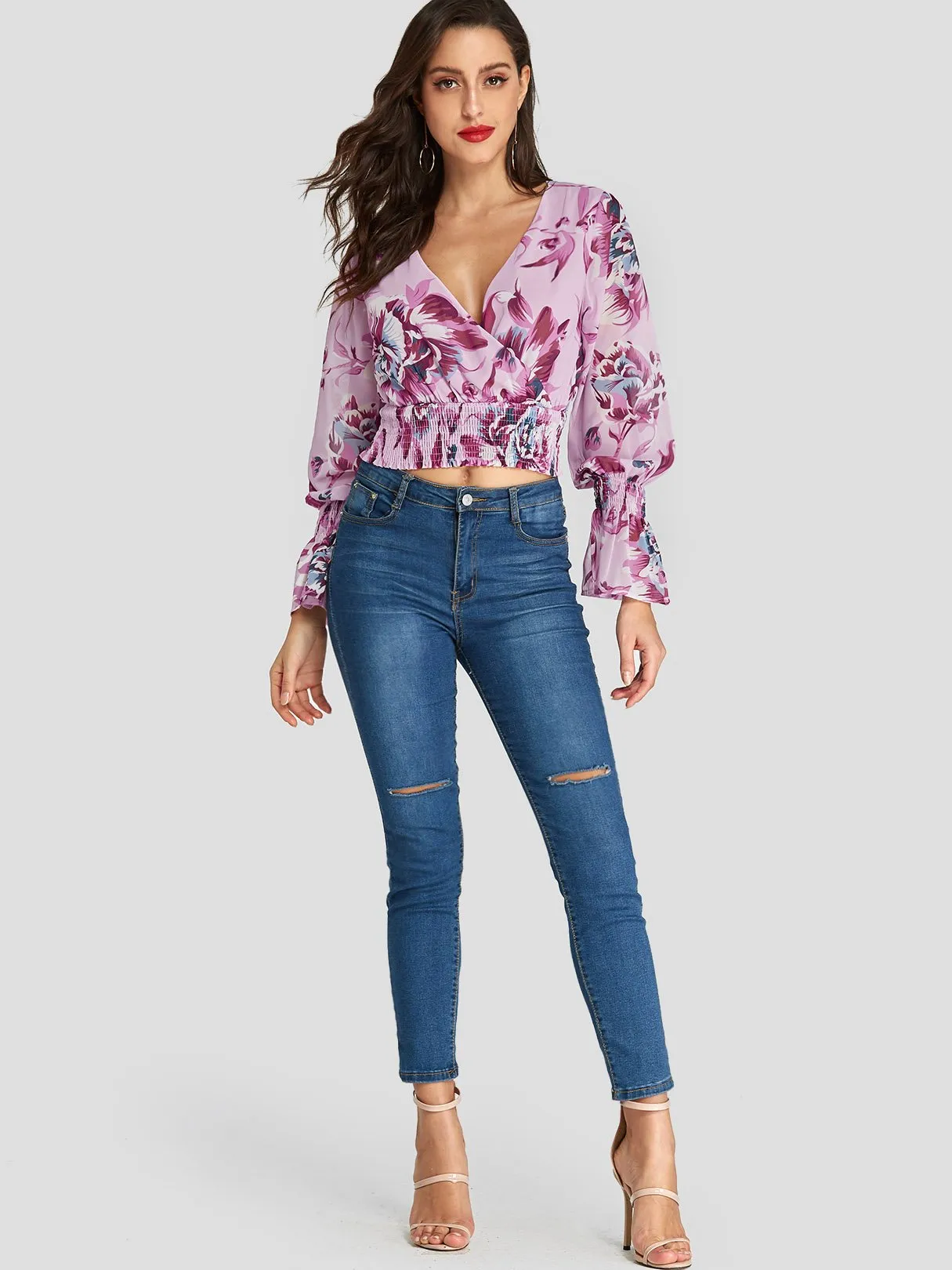 Custom Deep V Neck Floral Print Crossed Front Long Sleeve Pink Blouses