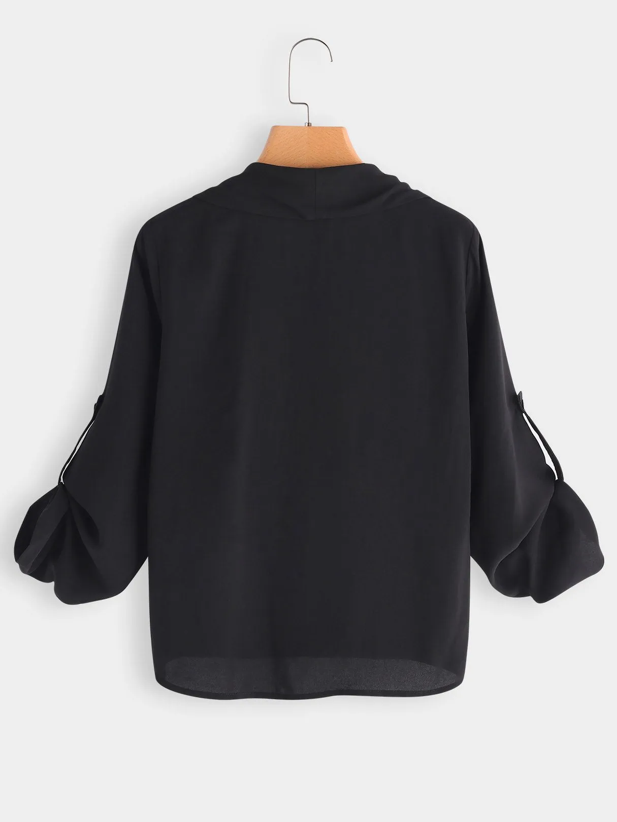 Custom Deep V Neck Plain Crossed Front 3/4 Sleeve Black Blouses